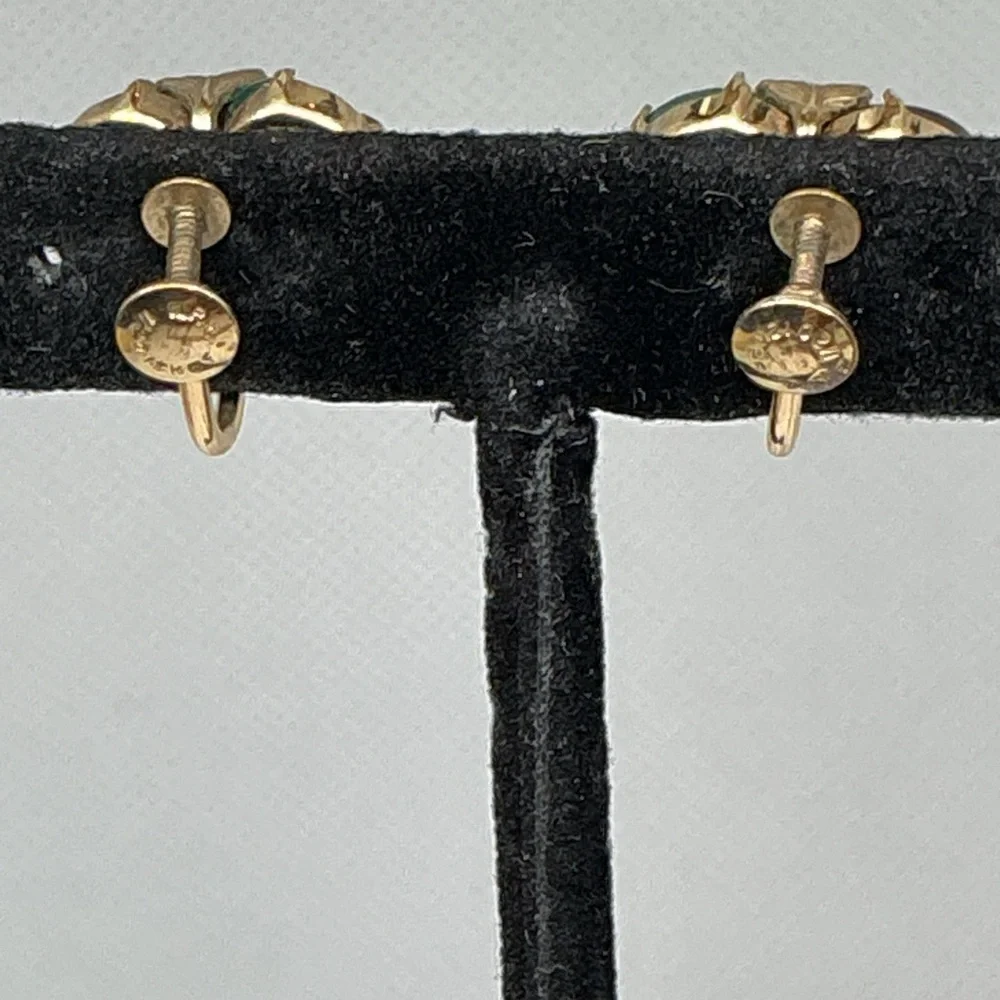 Vintage Scarab Brooch Earrings Set 12K GF Etched Gemstones Mid Century Signed